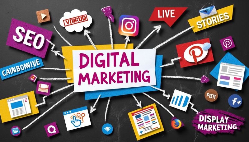 תרשים צבעוני המציג אסטרטגיית שיווק דיגיטלית עם ערוצי שיווק שונים כמו קידום אתרים, מדיה חברתית ופרסום ממומן.